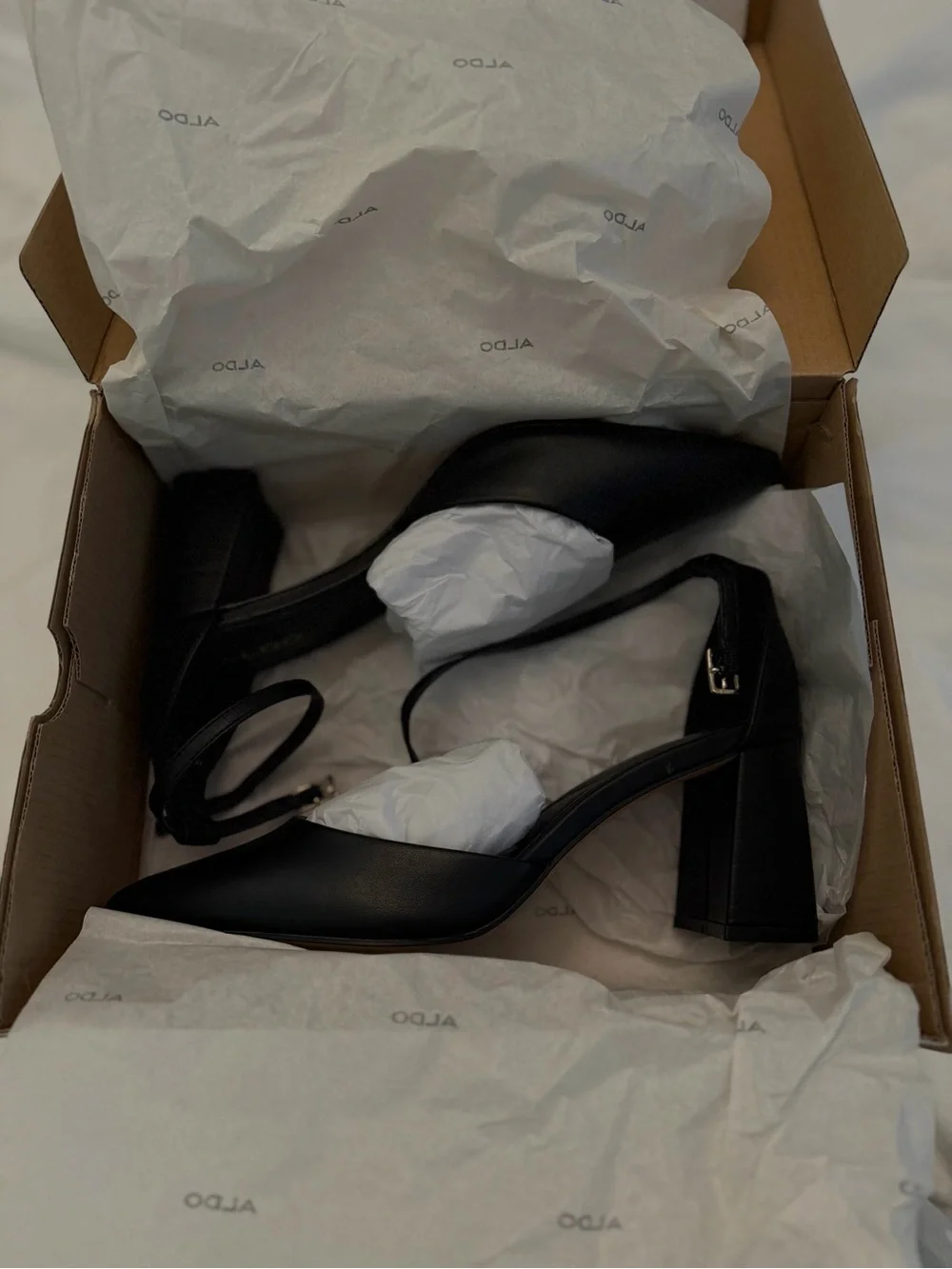 Aldo ‘Jan’ Black Pointed Toe Ankle-Strap Block Heels - Picture 4 of 5